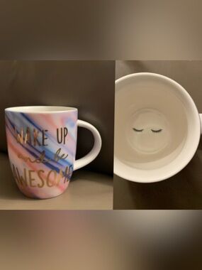 Icing Pastel Pink & Blue Swirl Mug with Gold Script “WAKE UP AND BE AWESOME”